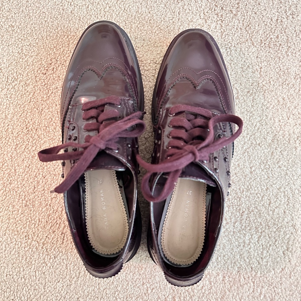 Zara Burgundy Patent Leather Platform Brogues - Size 7.5 - Picture 6 of 9